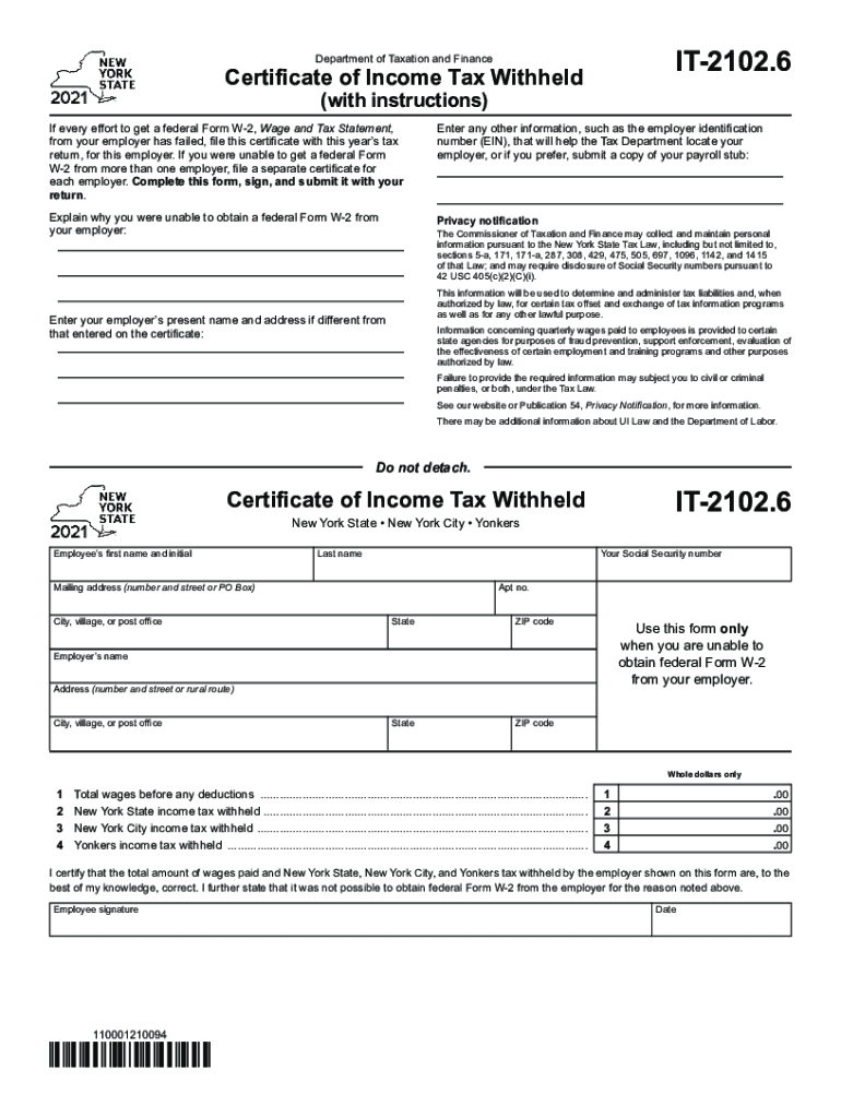  Form it 2102 6 Certificate of Income Tax Withheld Tax Year 2021