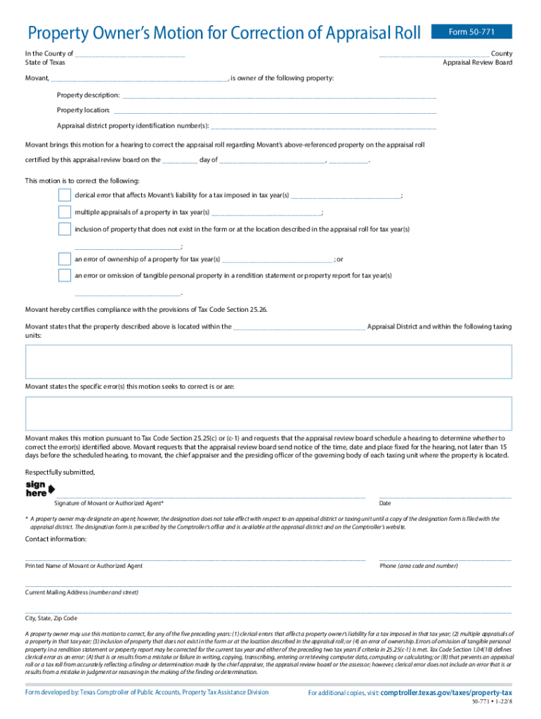50 771 Property Owner's Motion for Correction of Appraisal Roll Form 50 771 2022-2025