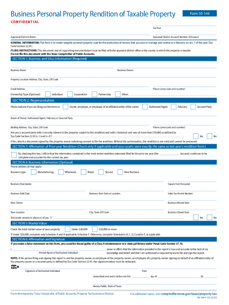  Business Personal Property Rendition of Taxable Property Form 50 144 2021