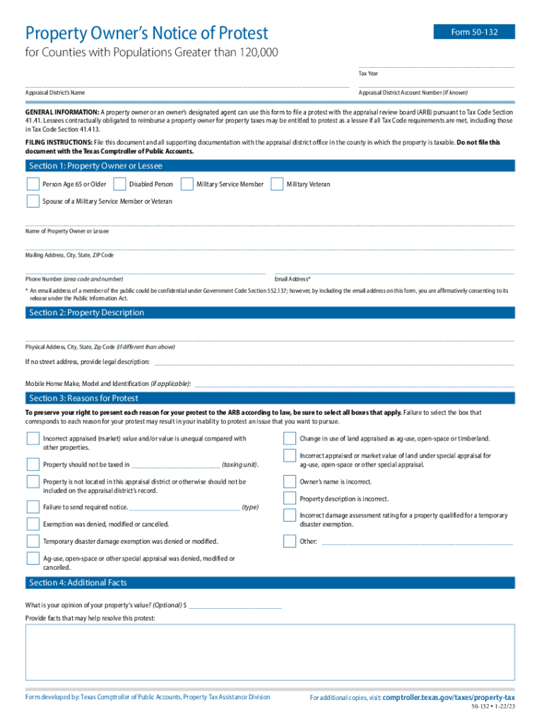  Property Owners Notice of Protest for Counties with Populations Greater Than 120,000 Form 50 132 2022-2024