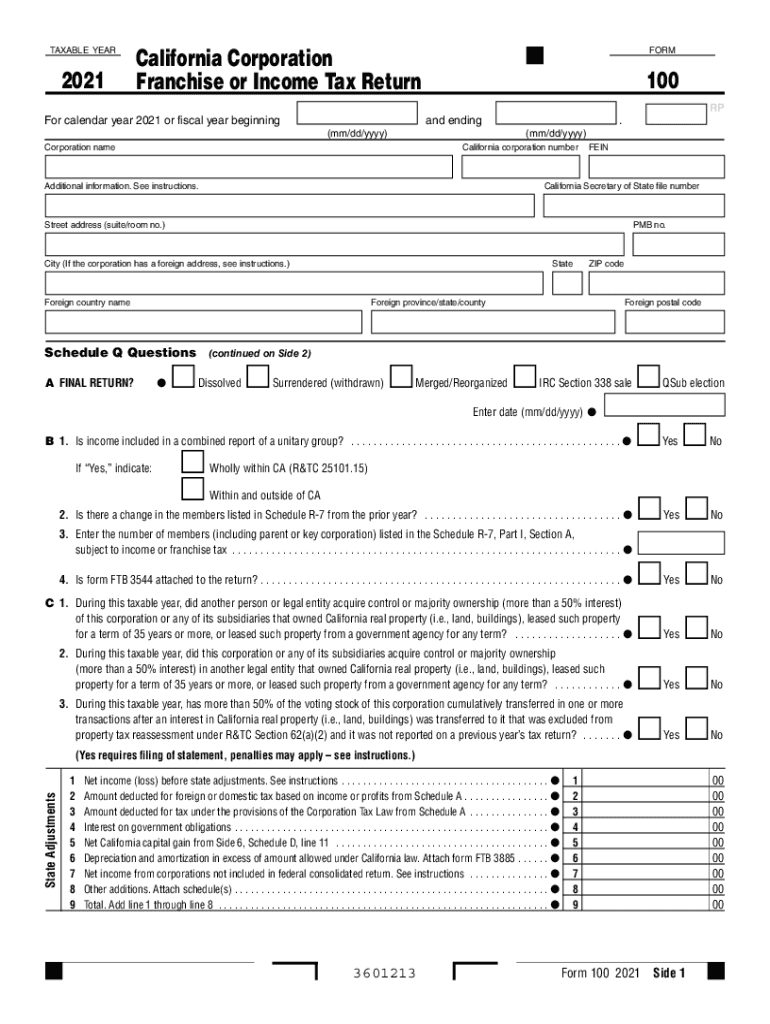  Form 100 California Corporation Franchise or Income Tax Return Form 100 California Corporation Franchise or Income Tax Return 2021