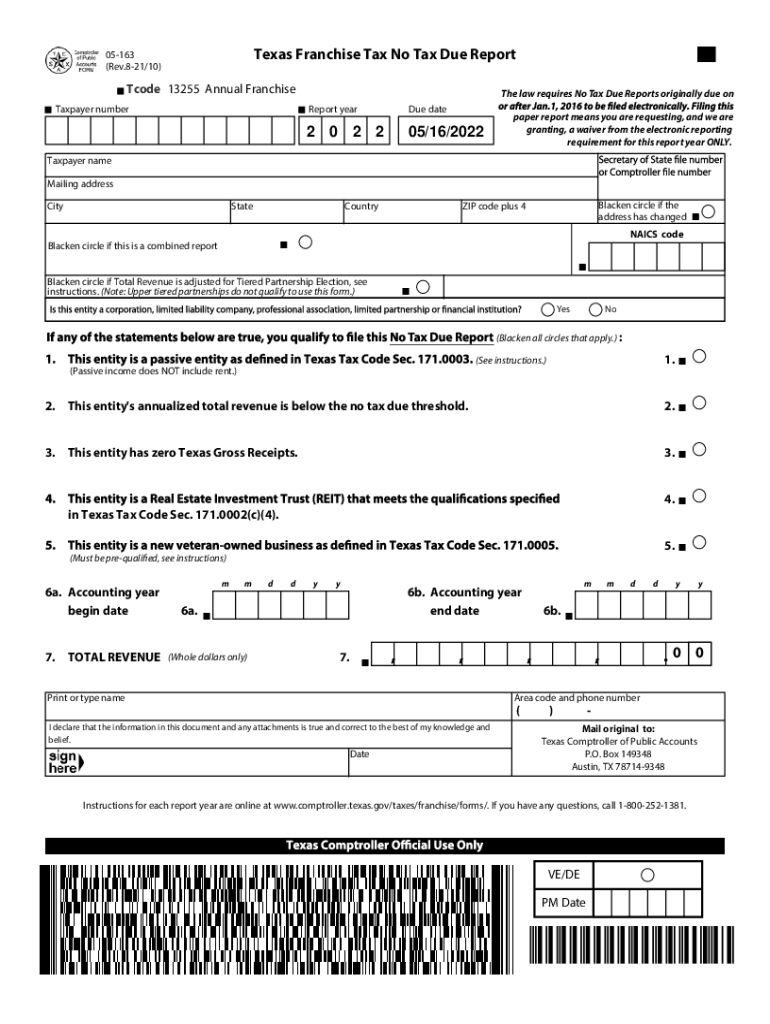 Texas Franchise Tax No Tax Due 20222024 Form Fill Out and Sign