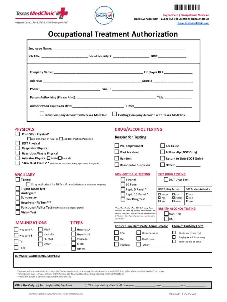Occupational Treatment Authorization Texas MedClinic  Form