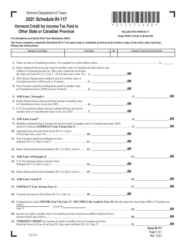 SCHEDULE in 117 Credit for Income Tax Paid to Other State  Form