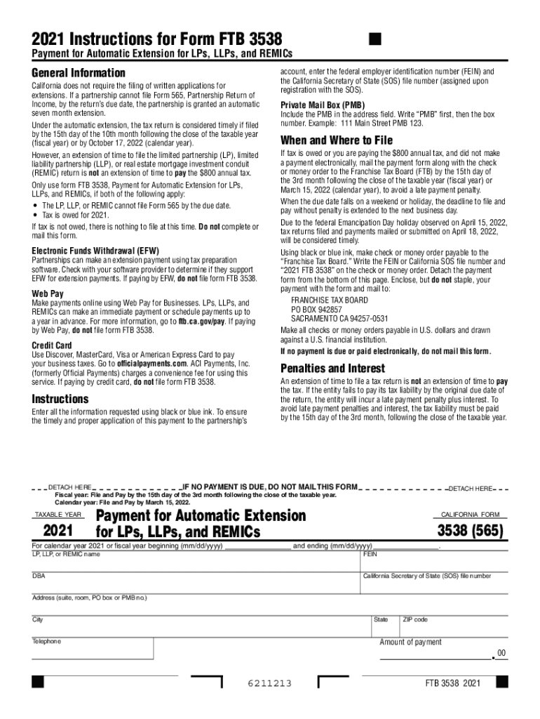  Fillable Online Instructions for Form FTB 3538 Payment 2021