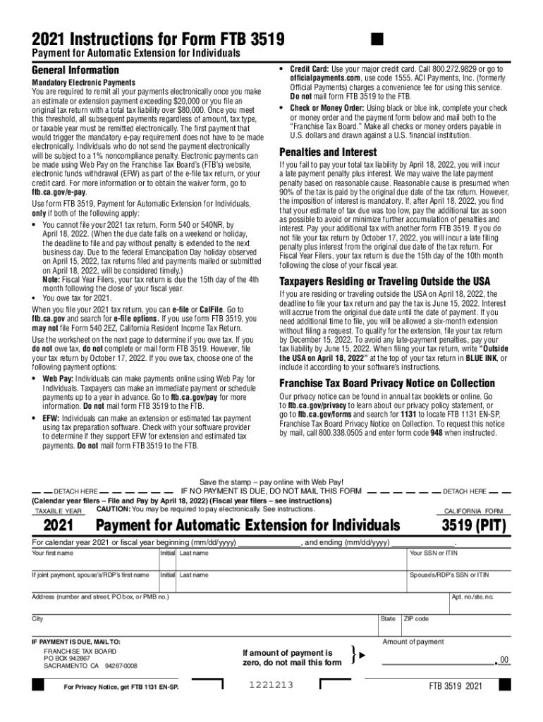  Form FTB 3519 Payment for Automatic Extension for Individuals , Form FTB 3519, Payment for Automatic Extension for Individuals 2021