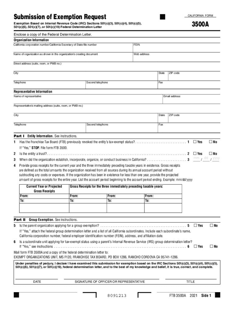  California Form 3500 A, Submission of Exemption Request 2021