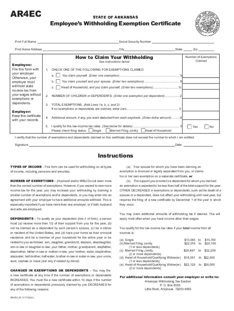 Arkansas Employee Withholding 20212024 Form Fill Out and Sign