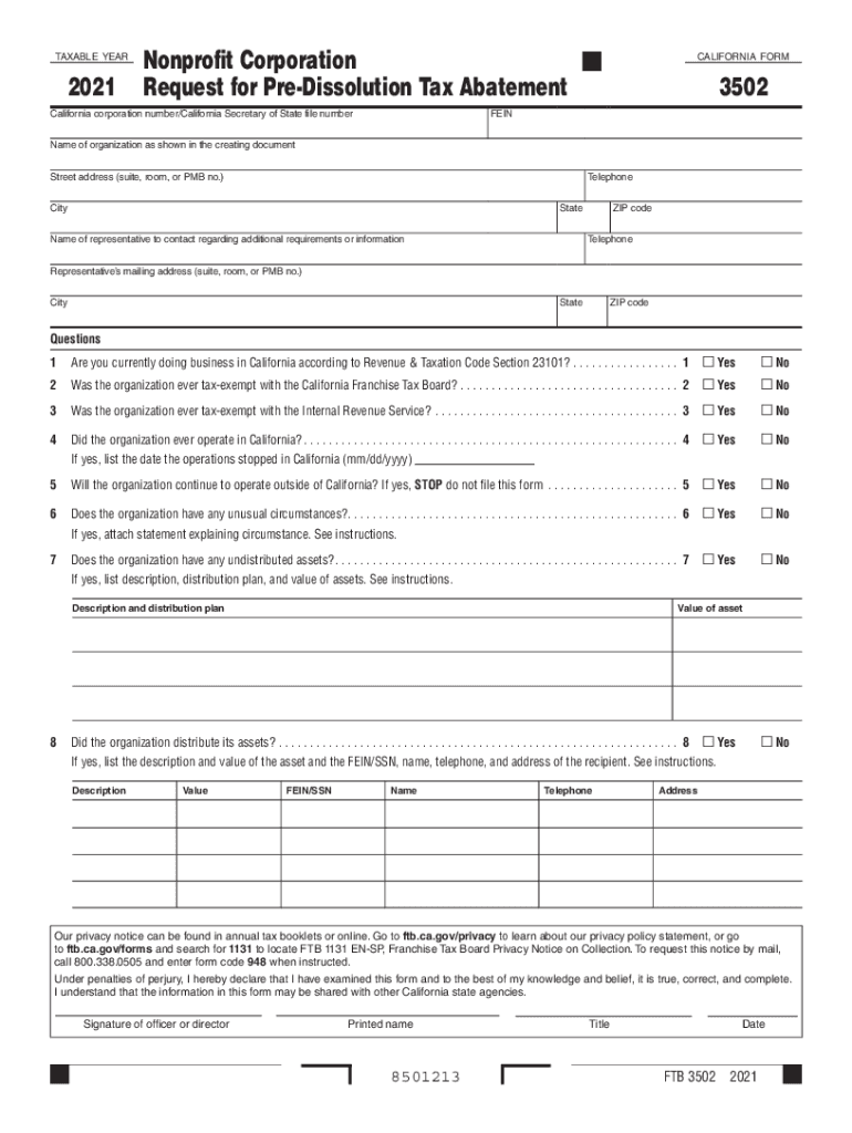  Form 3502 Nonprofit Corporation Request for Pre Dissolution Tax Abatement 2021