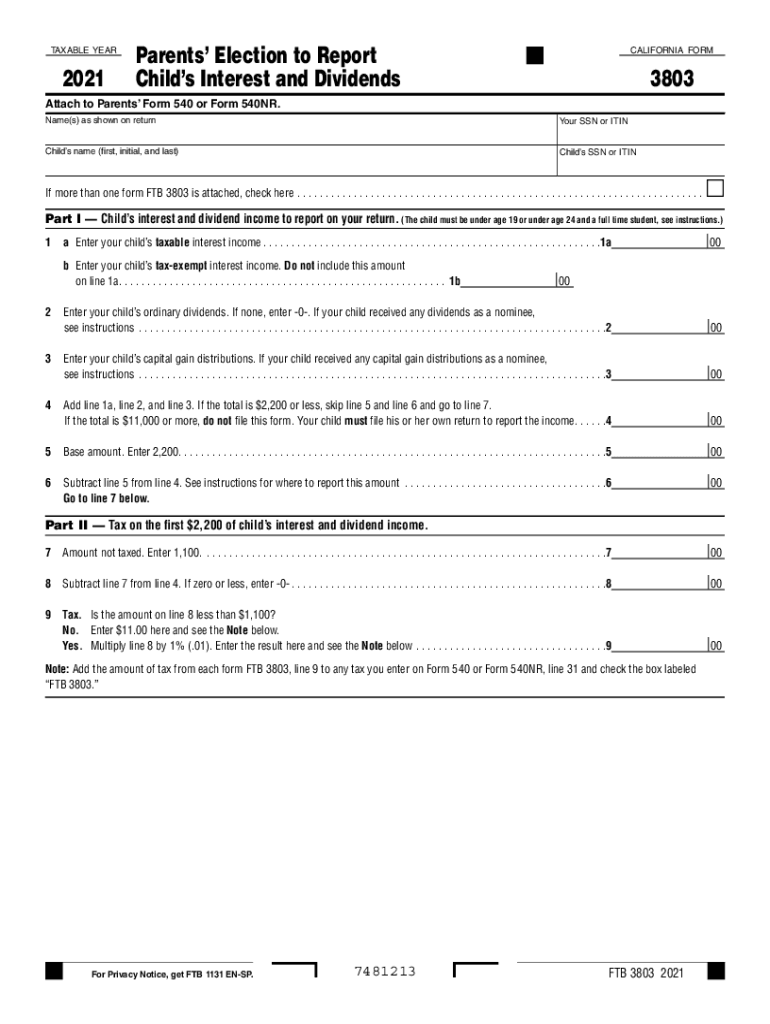 PDF Form 3803 Parents' Election to Report Child's Interest and