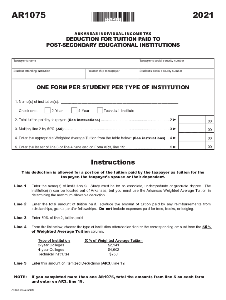 Get and Sign Fillable Form Ar1075 Deduction for Tuition Paid to Post