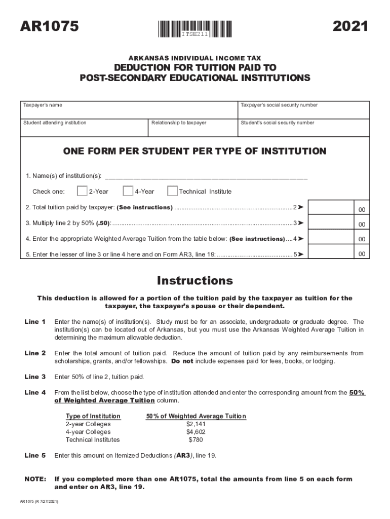  Fillable Form Ar1075 Deduction for Tuition Paid to Post 2021