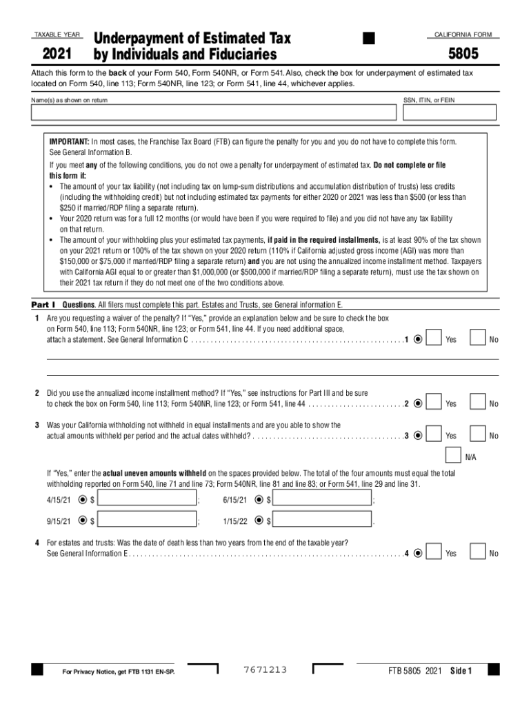  Form 5805 Underpayment of Estimated Tax by Individuals and Fiduciaries Form 5805 Underpayment of Estimated Tax by Individuals an 2021