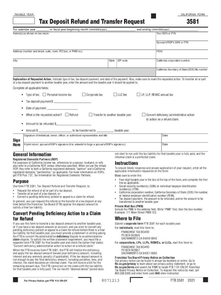  Form 3581 Tax Deposit Refund and Transfer Request Form 3581 Tax Deposit Refund and Transfer Request 2021