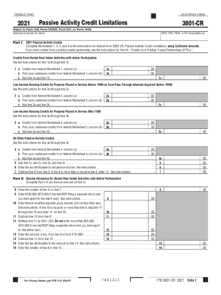  California Form 3801 CR Passive Activity Credit Limitations California Form 3801 CR Passive Activity Credit Limitations 2021