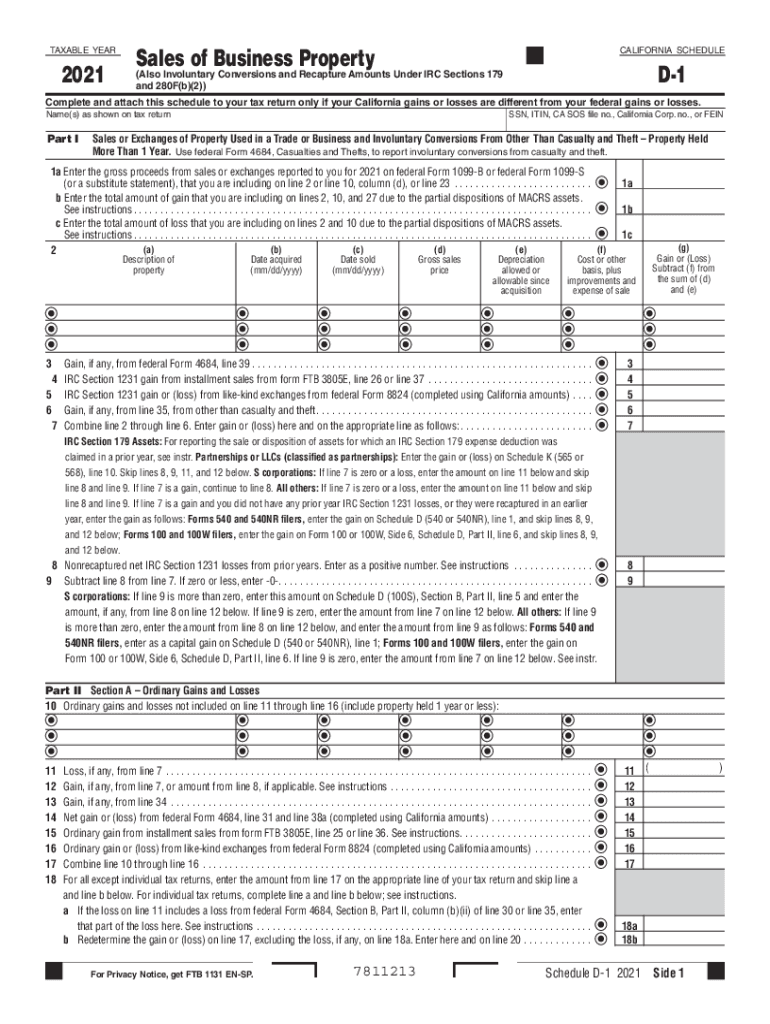  Schedule D 1 Sales of Business Property Schedule D 1 Sales of Business Property 2021