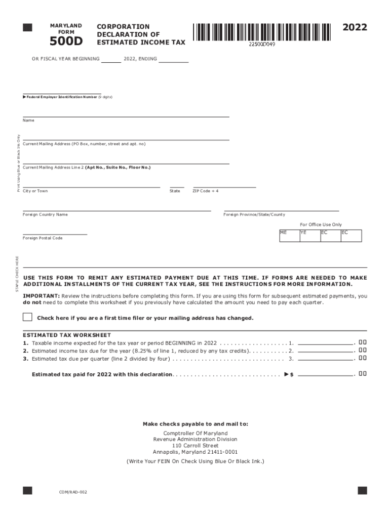  Www Taxformfinder OrgindexmarylandMaryland Declaration of Estimated Corporation Income Tax 2022-2024