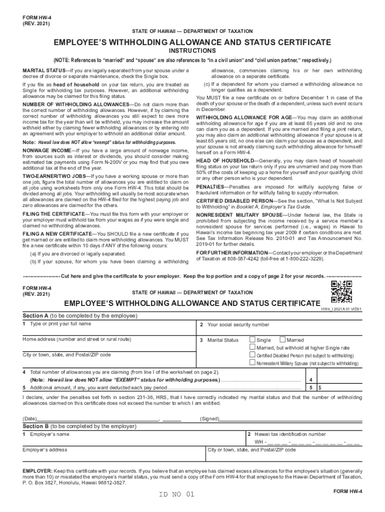  Form HW 4 Rev Employee's Withholding Allowance and Status Certificate Forms 2021