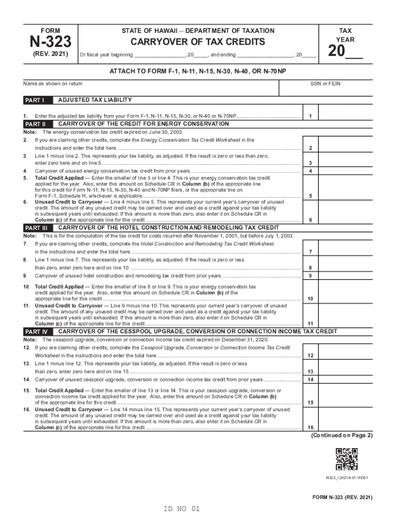  Form N 323, Rev , Carryover of Tax Credits Hawaii Gov 2021