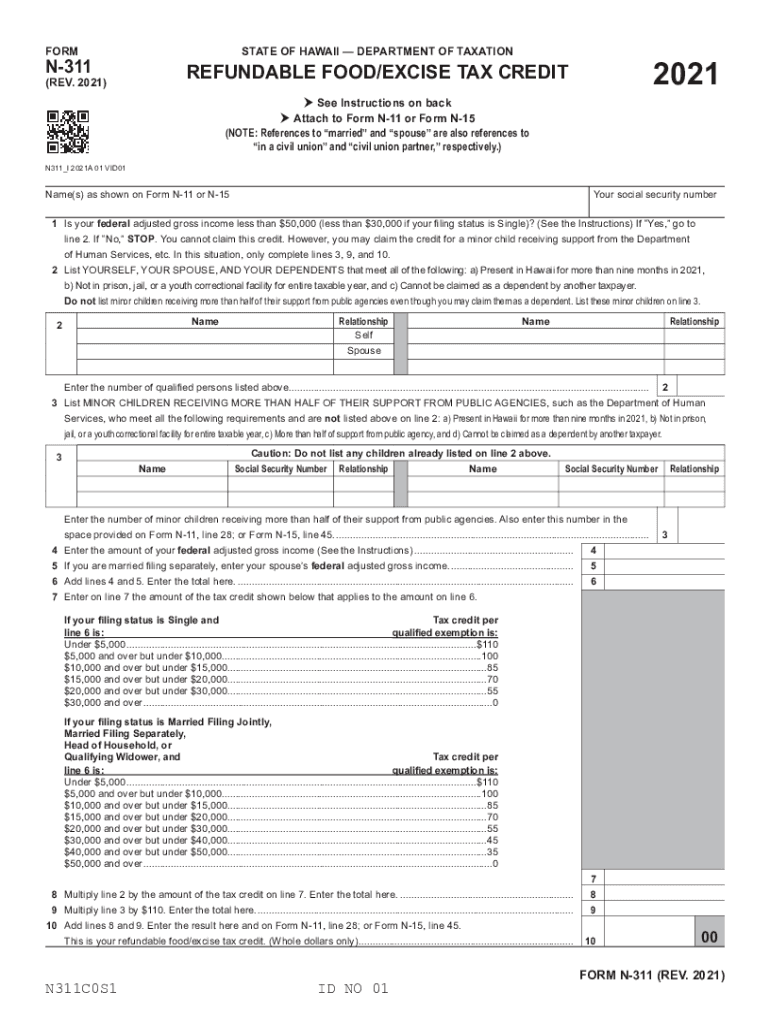  Form N 311 &amp;quot;Refundable FoodExcise Tax Credit&amp;quot; Hawaii 2021