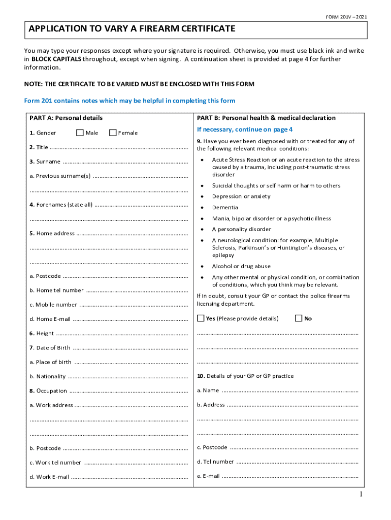 FORM 201V 2021APPLICATION to VARY a FIREARM CERTIF