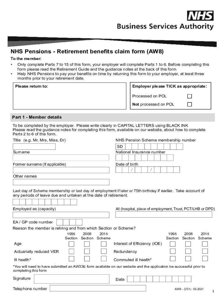  NHS Pensions Retirement Benefits Claim Form AW8 2021-2024