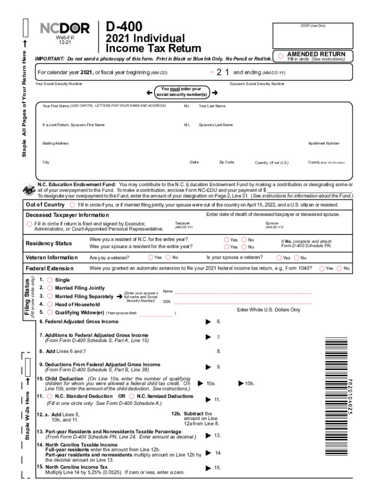  PDF North Carolina Individual Income Tax Instructions for Form D 400 2021