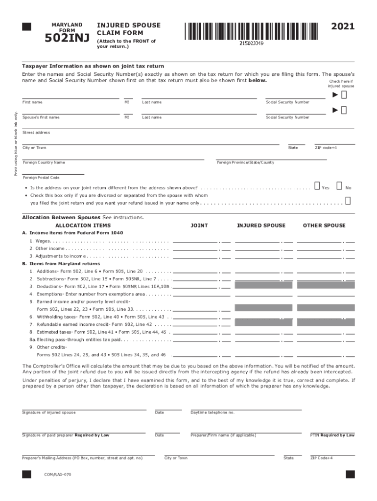  TY 502INJ PDF TAX YEAR 502INJ INDIVIDUAL TAXPAYER FORM 2021