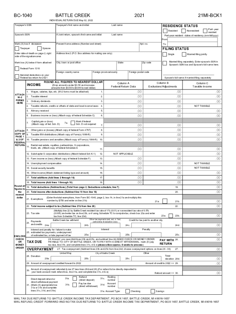 Form Bc1040 City of Battle Creek Income Tax Individual