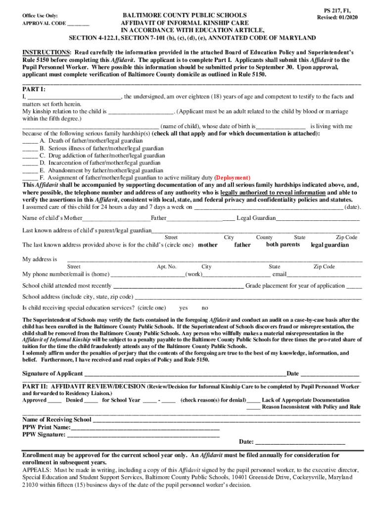  PS 217 F1 Application Affidavit of Informal Kinship Care Fillable PDF 2020-2024
