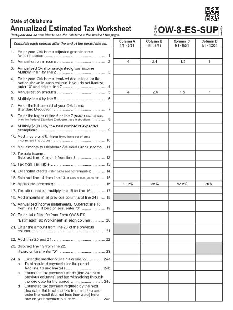 Form OW 8 ES SUP Annualized Estimated Tax Worksheet