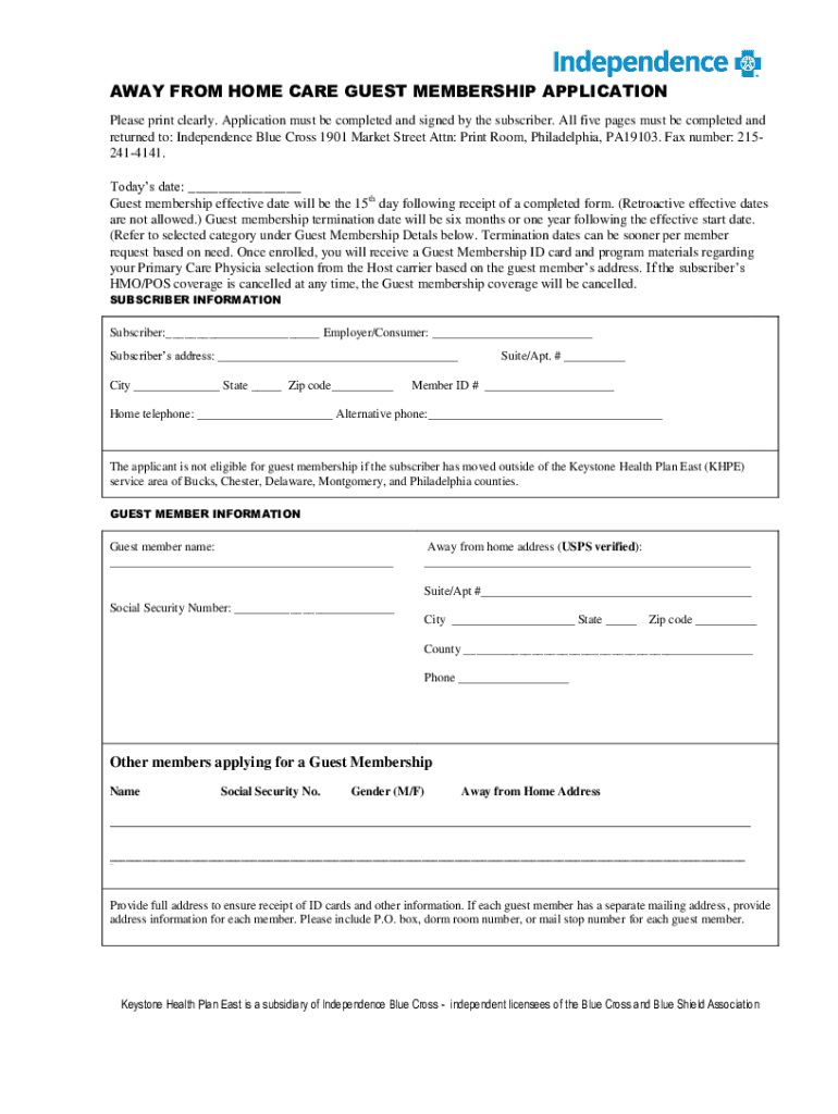 AWAY from HOME CARE GUEST MEMBERSHIP APPLICATION P  Form