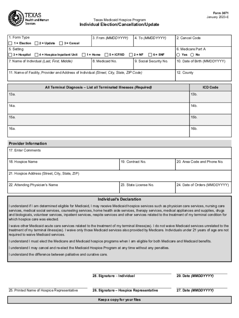  Texas Medicaid Hospice Program Individual ElectionCancellationUpdate Form 3017 2023-2024