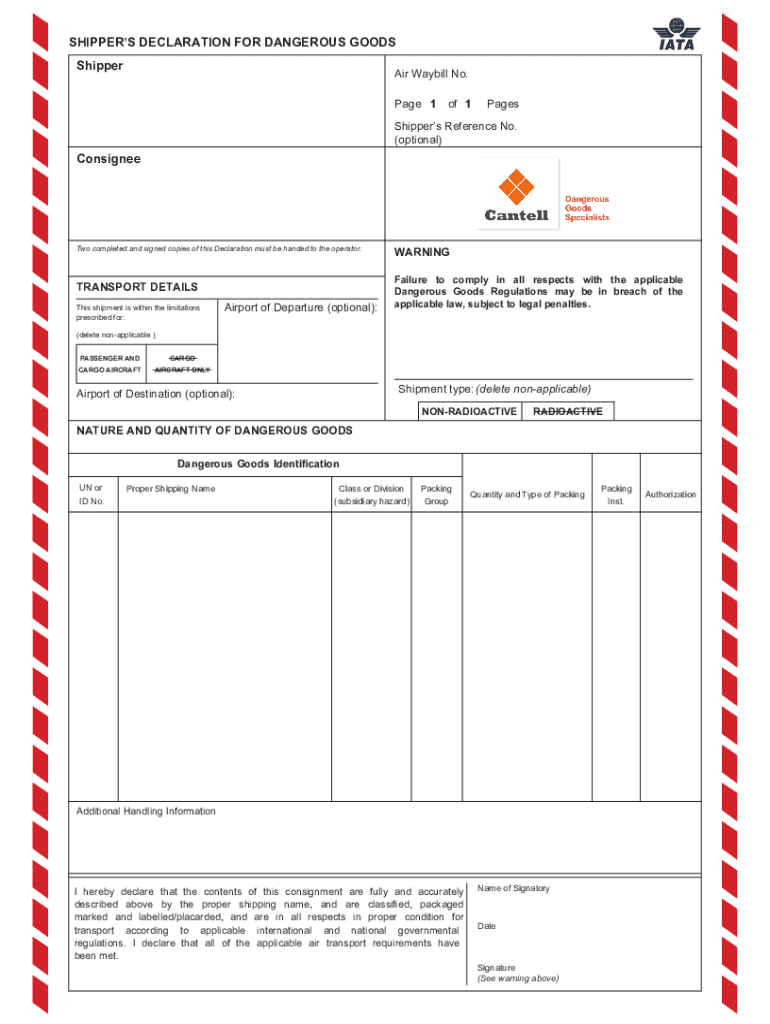 Shipper S Declaration for Dangerous Goods  Form