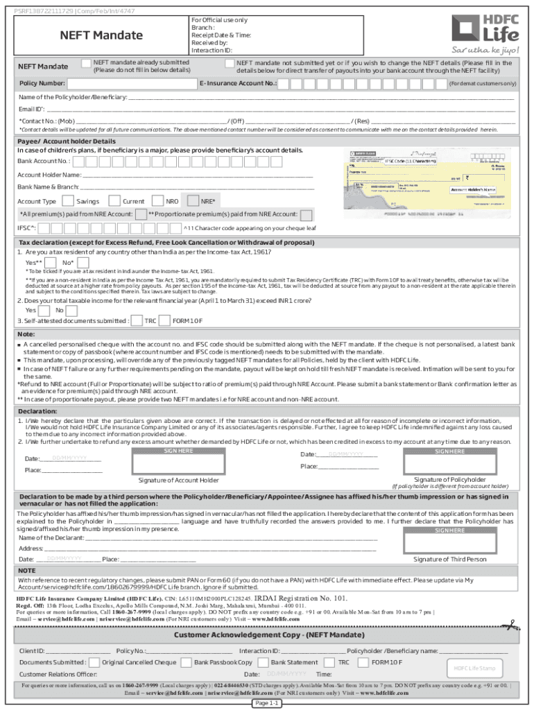  Fillable Online Neft Mandate Form AI HDFC Life Fax Email Print 2021-2024
