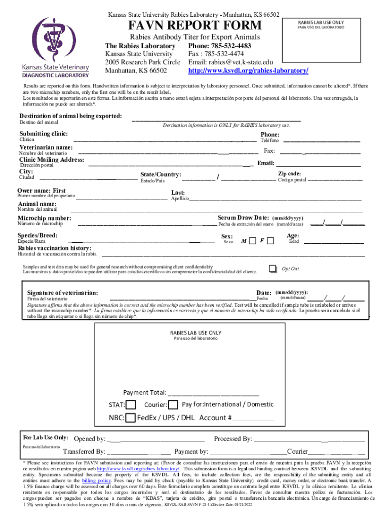 Ksvdl Org FAVN Report Form FillableKansas State University Rabies Laboratory Manhattan, KS 2022-2024