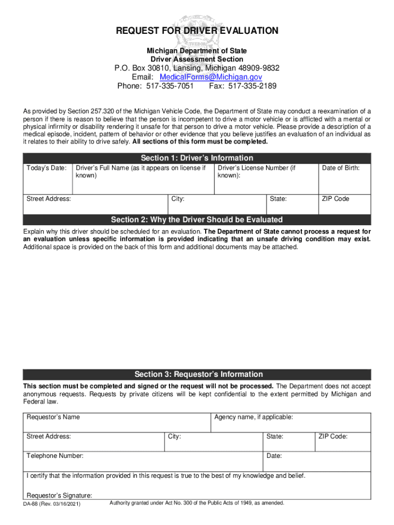 Michigan Driver Evaluation  Form