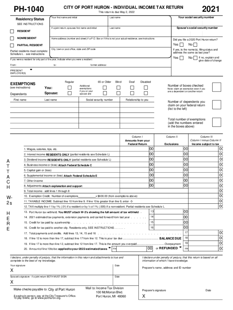  Ph 1040 City of Port Huron Individual Income Tax Return 2021