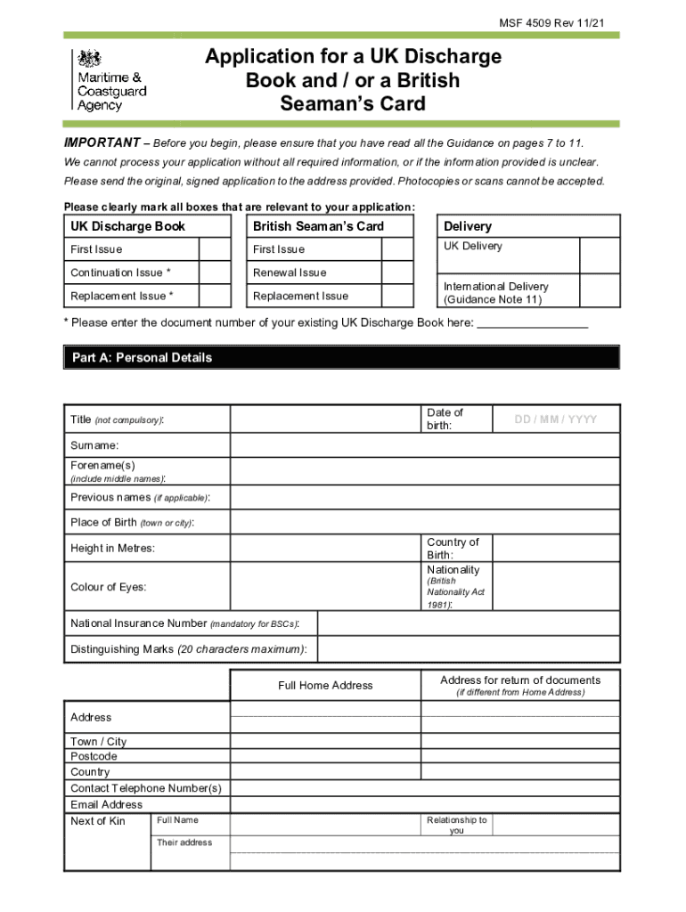 Fillable Online Application for a UK Discharge Book and  Form