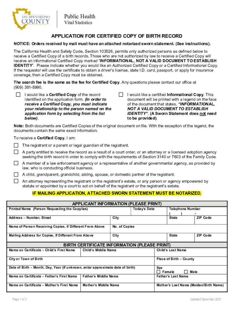 Application for Certified Copy of Birth Record San Benito  Form