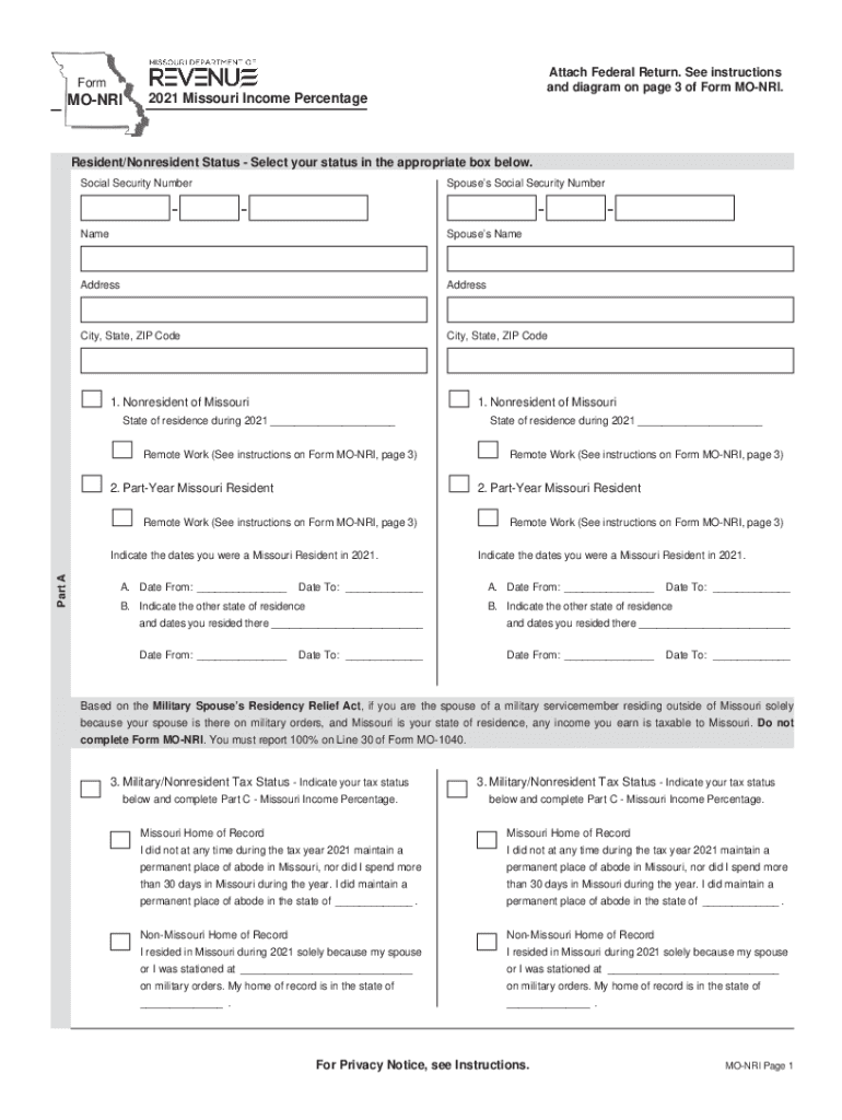  Form MO NRI Missouri Income Percentage 2021