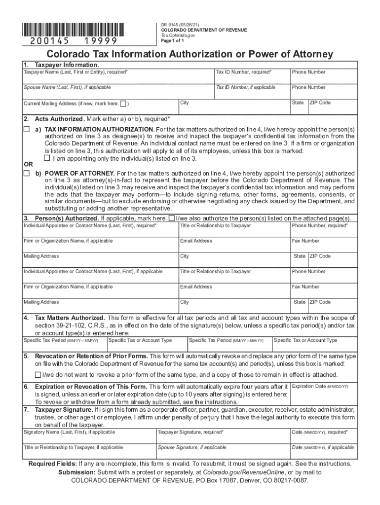  Colorado Form DR 0145 Power of Attorney TaxFormFinder 2021-2024