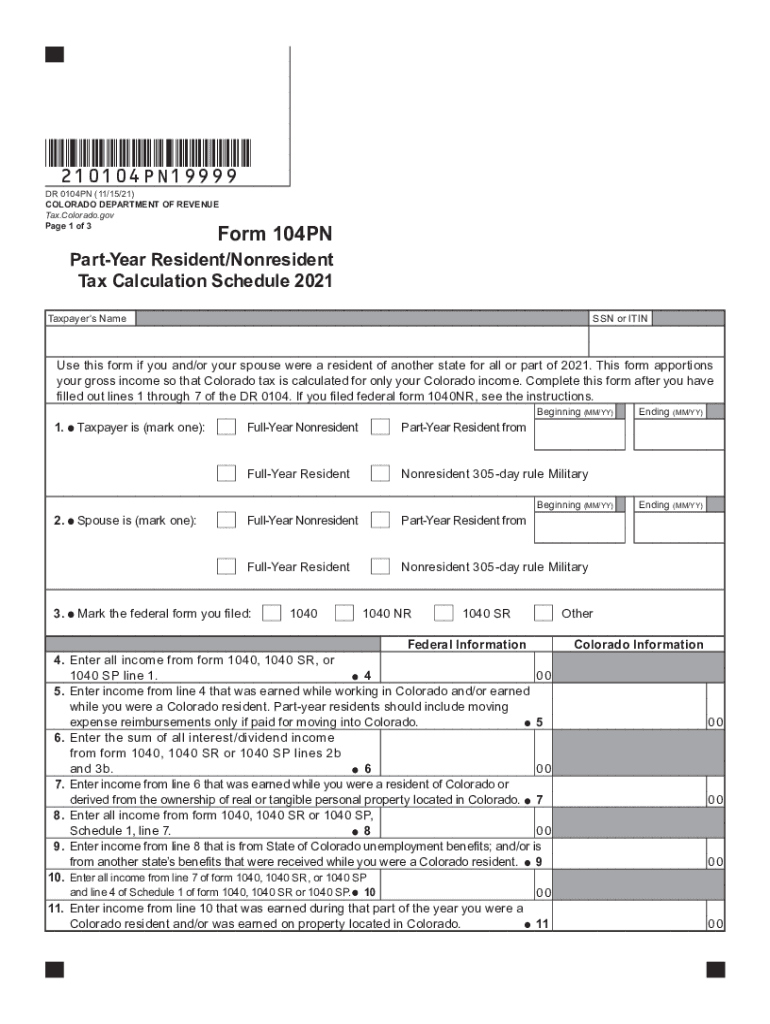  Form 104PN Part Year ResidentNonresident Tax Calculation Schedule 2021