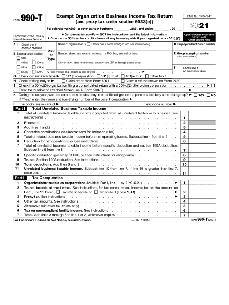  Form 990 T Exempt Organization Business Income Tax Return and Proxy Tax under Section 6033e 2021