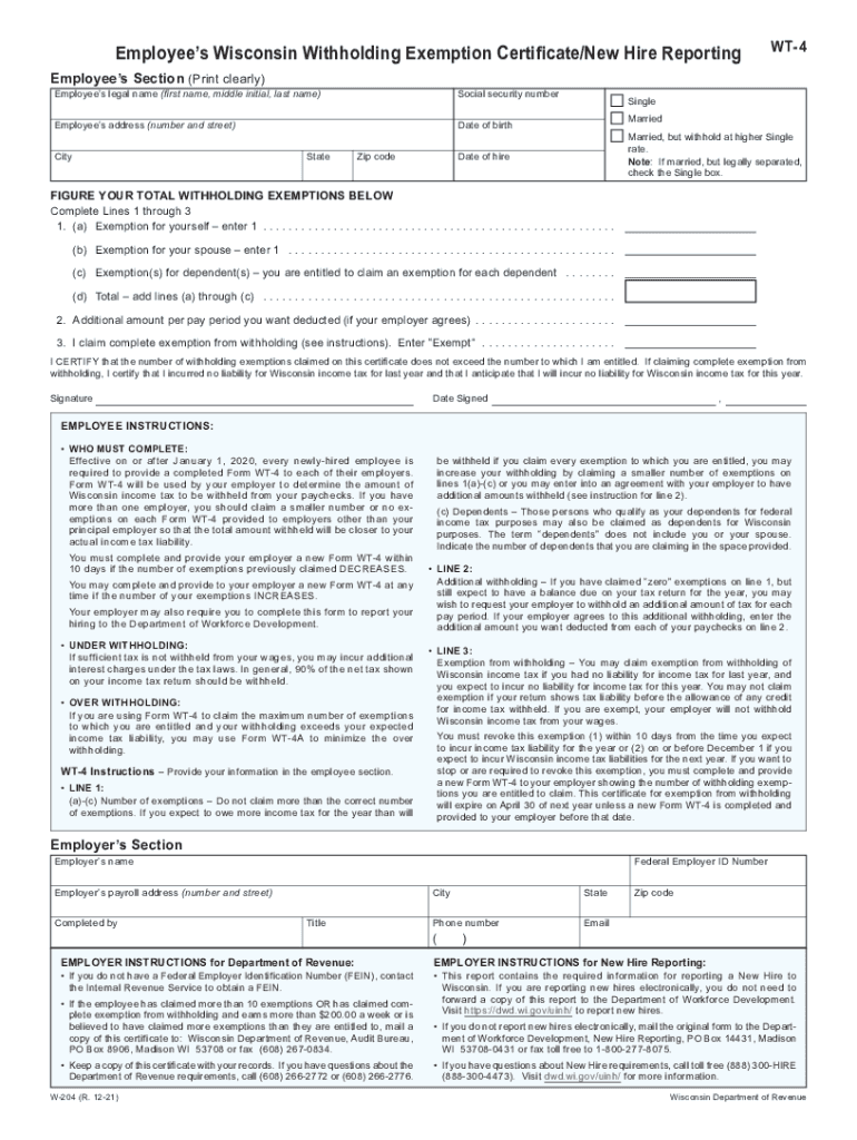 December W 204 WT 4 Employee's Wisconsin Withholding Exemption CertificateNew Hire Reporting  Form