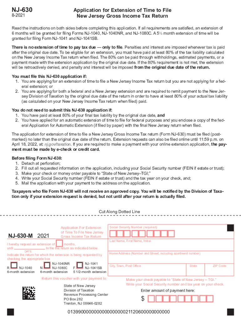  New Jersey Form NJ 630 Application for Extension of Time 2021