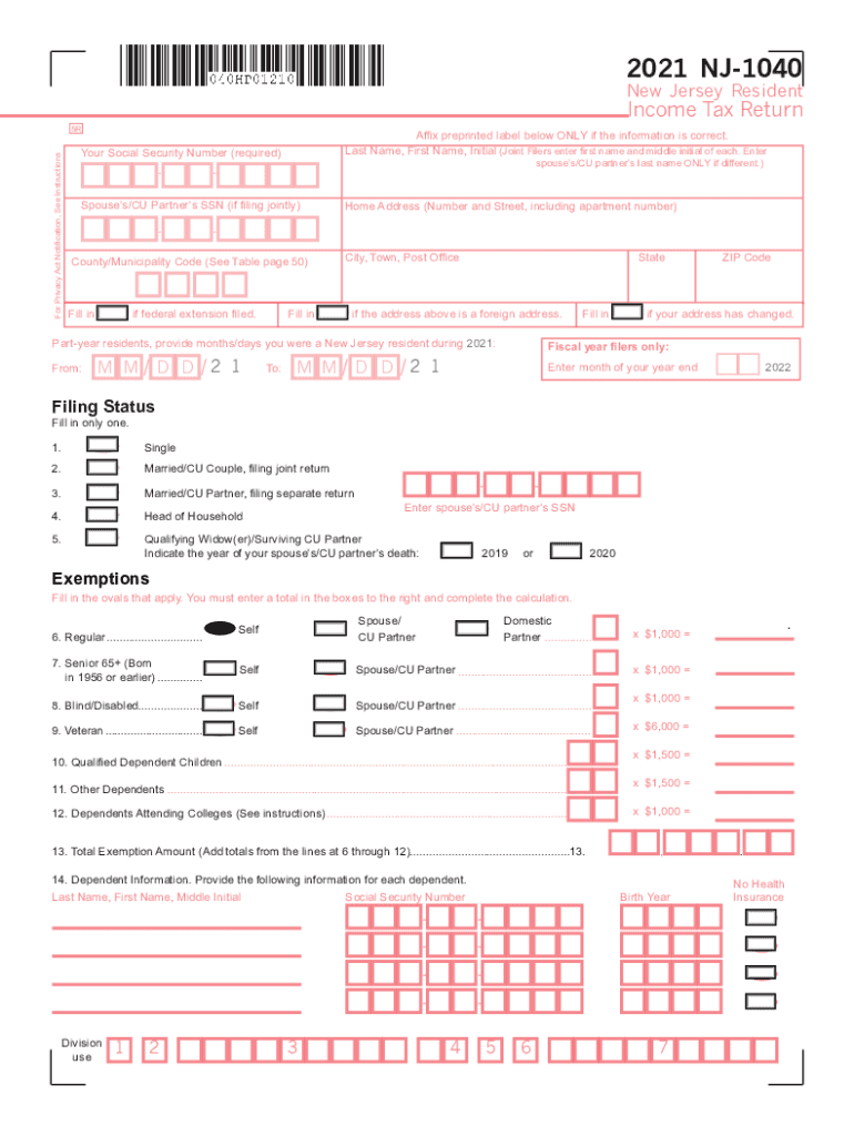  New Jersey Form NJ 1040 Individual Income Tax Return 2021