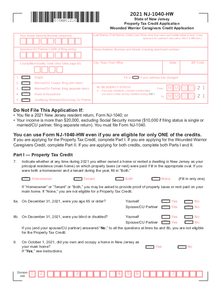  Form NJ 1040 HW &amp;quot;Property Tax Credit Application Wounded 2021