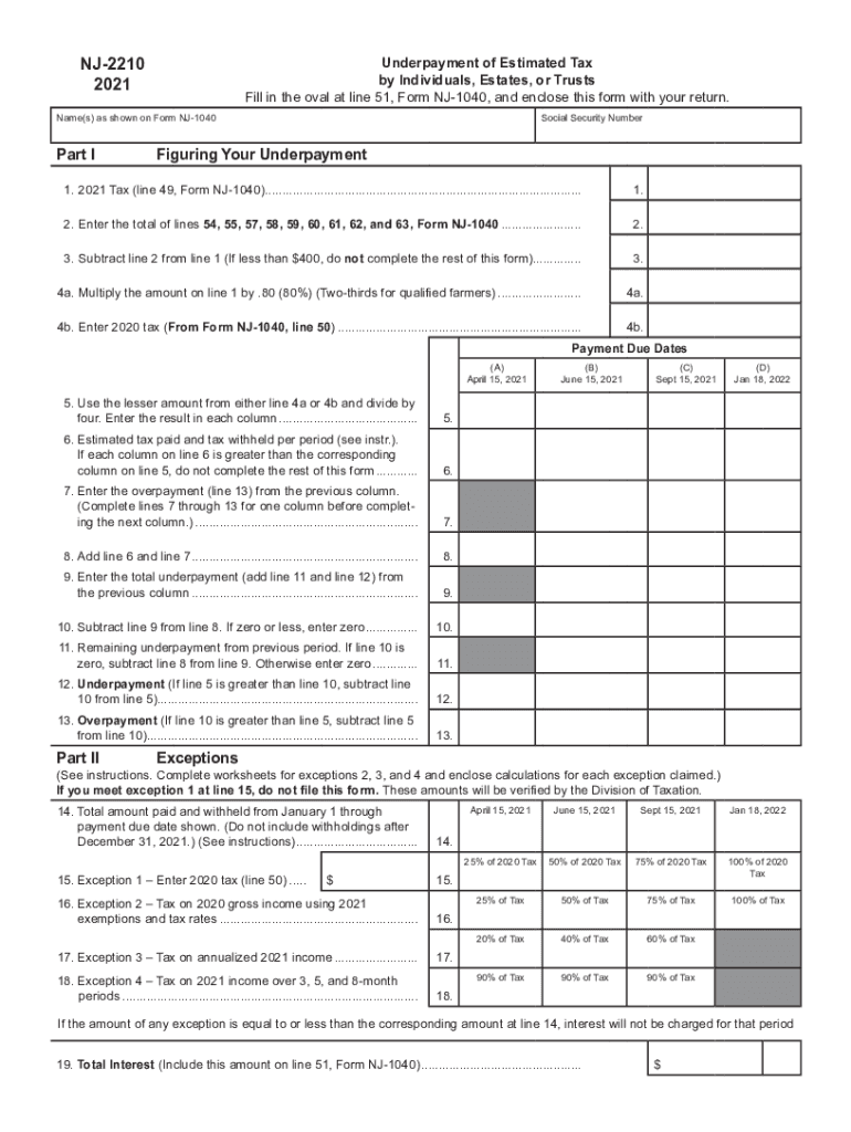 NJ Form 2210 Underpayment of Estimated Tax EFile Com