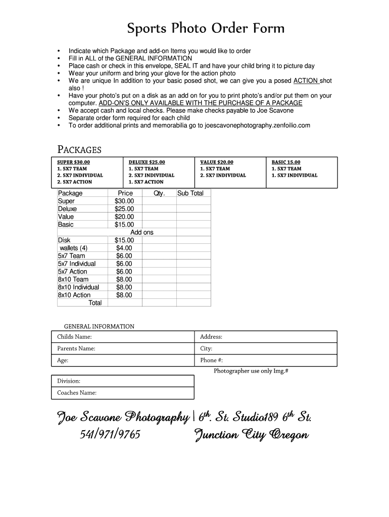 Team Order Form Joe James Photography